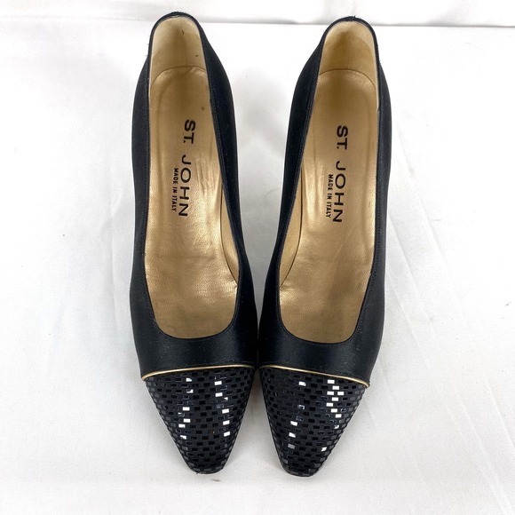 St. John Emily 75 Heels Black Satin Almond Cap Toe Pumps Sequin Embellished 7 - Picture 3 of 7